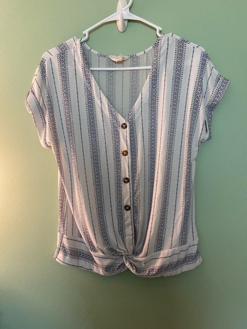 Women’s Button-Front Knot V-Neck Blouse in White and Black